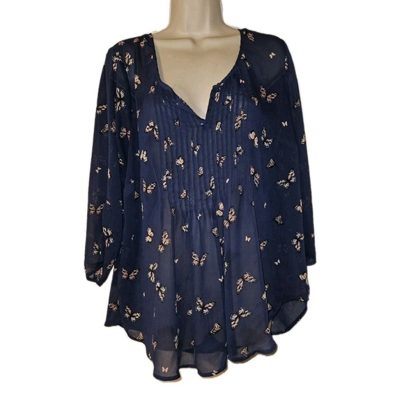 torrid Tops - Torrid 1 Women's XL Garden Sheer Navy Pink burrerfly Print Pleated Front Tunic